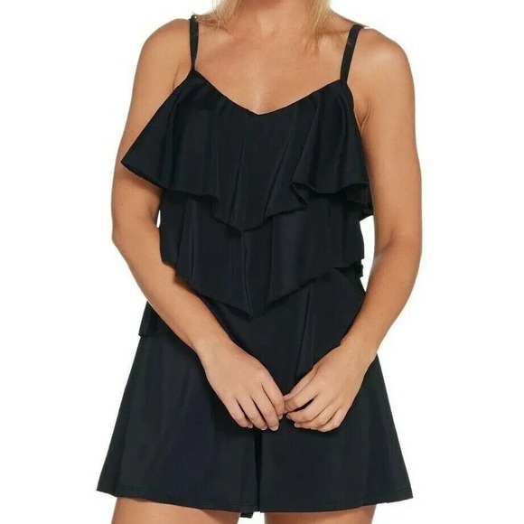 Fit 4U Other - Fit 4U V-Tiered Romper Swimsuit One Piece Black Women's Plus Size 24W H14332